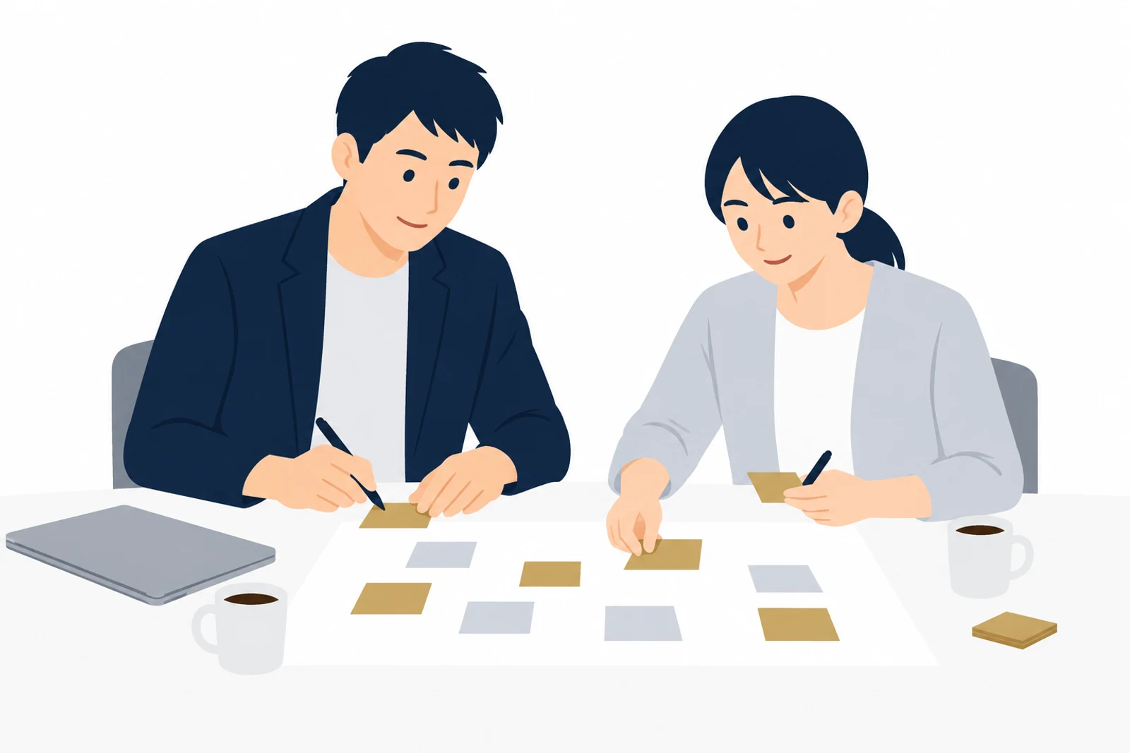 AI業務効率化の事例を参考に、毎日の作業を付箋に書き出して最初に試す業務を選ぶ2人のイラスト