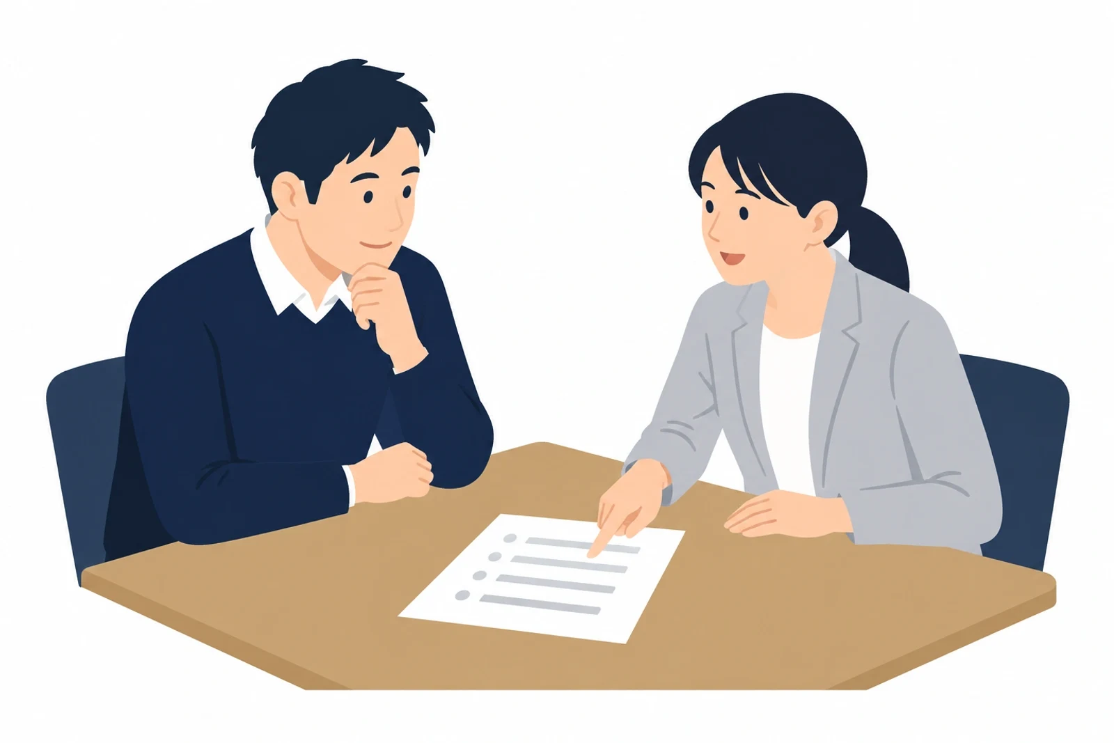 AI業務効率化のために、情報の扱いの社内ルールを話し合う中小企業の社長と事務責任者のイラスト