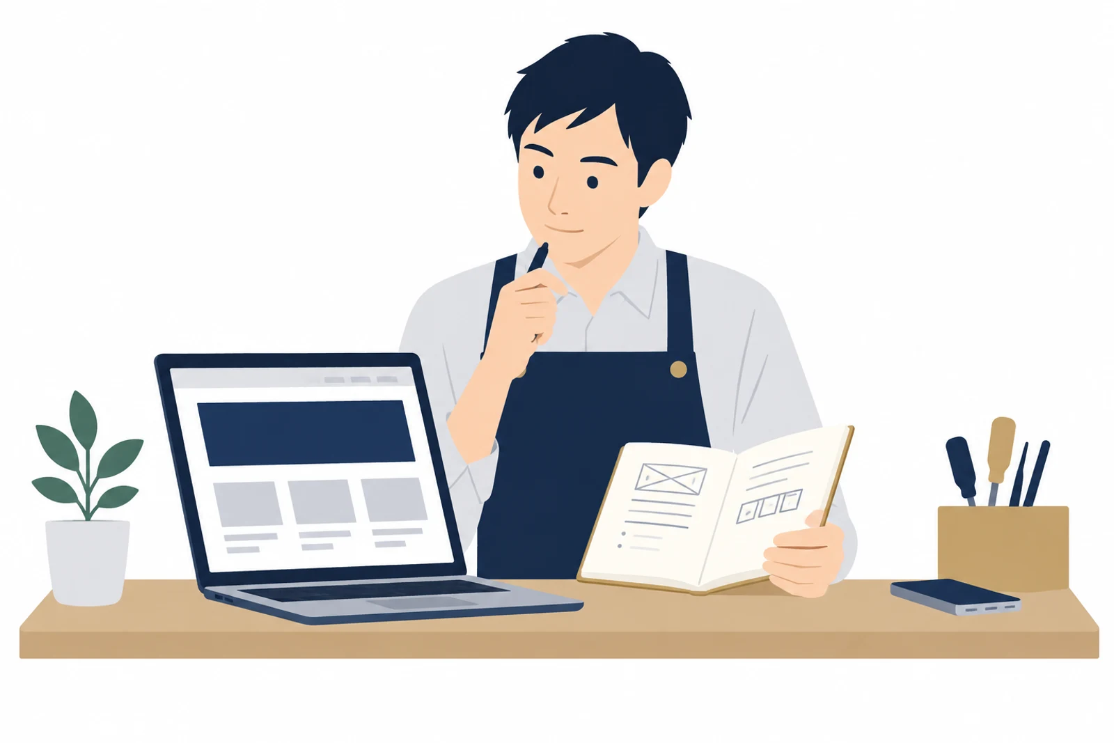 AIで作ったホームページの下書きを、自分のメモと見比べて確かめる店主のイラスト