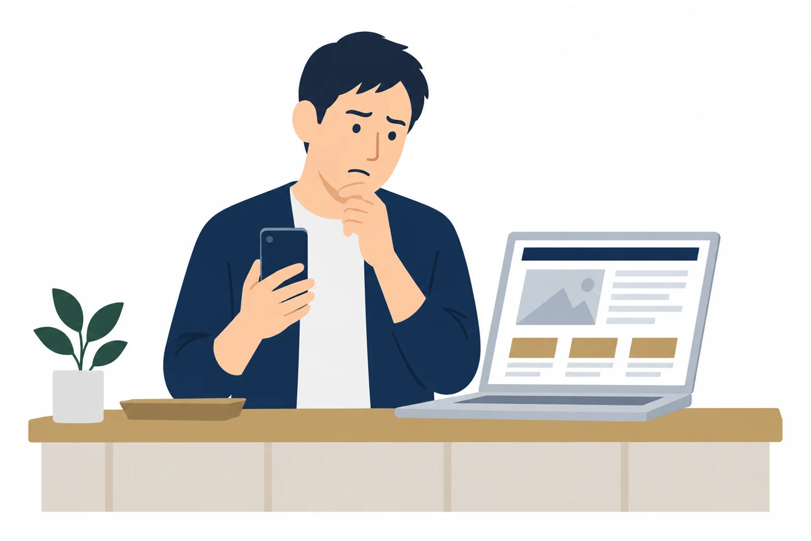 Canvaでホームページ作成をした後、パソコンとスマホで見え方を見比べて確かめる男性のイラスト