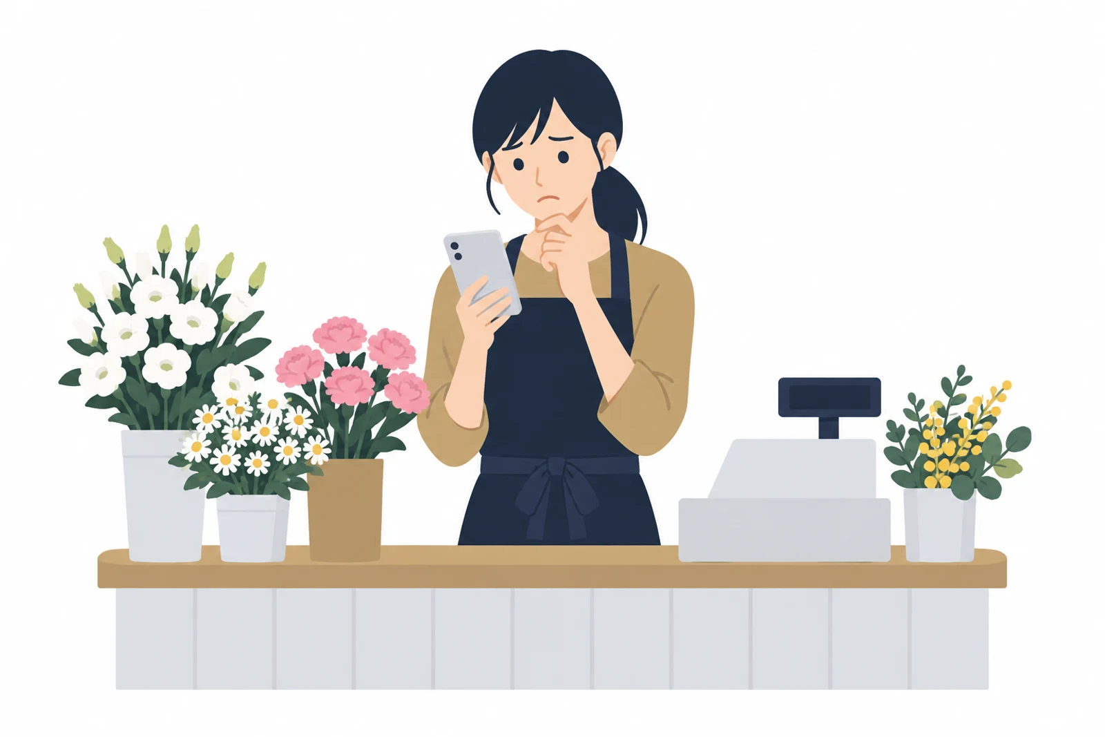 無料サーバーで公開したホームページに思わぬ表示が出て、スマホを見て困る店主のイラスト