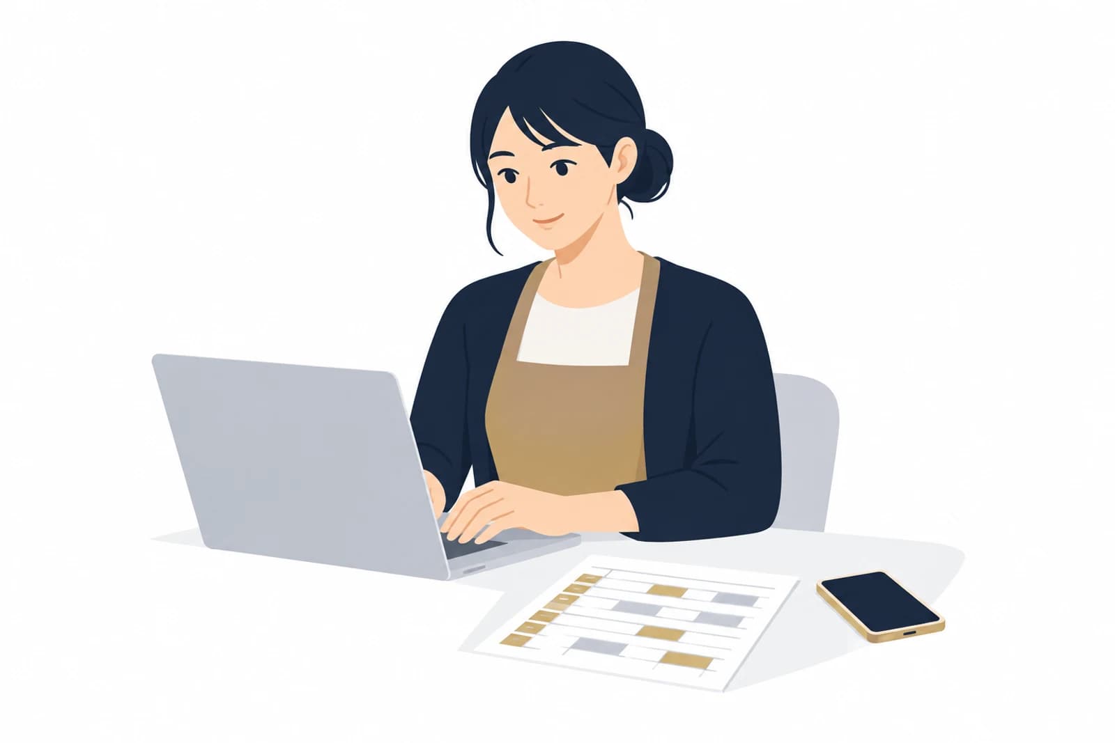 Googleビジネスプロフィールの使い方として、営業時間や説明文をパソコンで入力するサロンの店主のイラスト