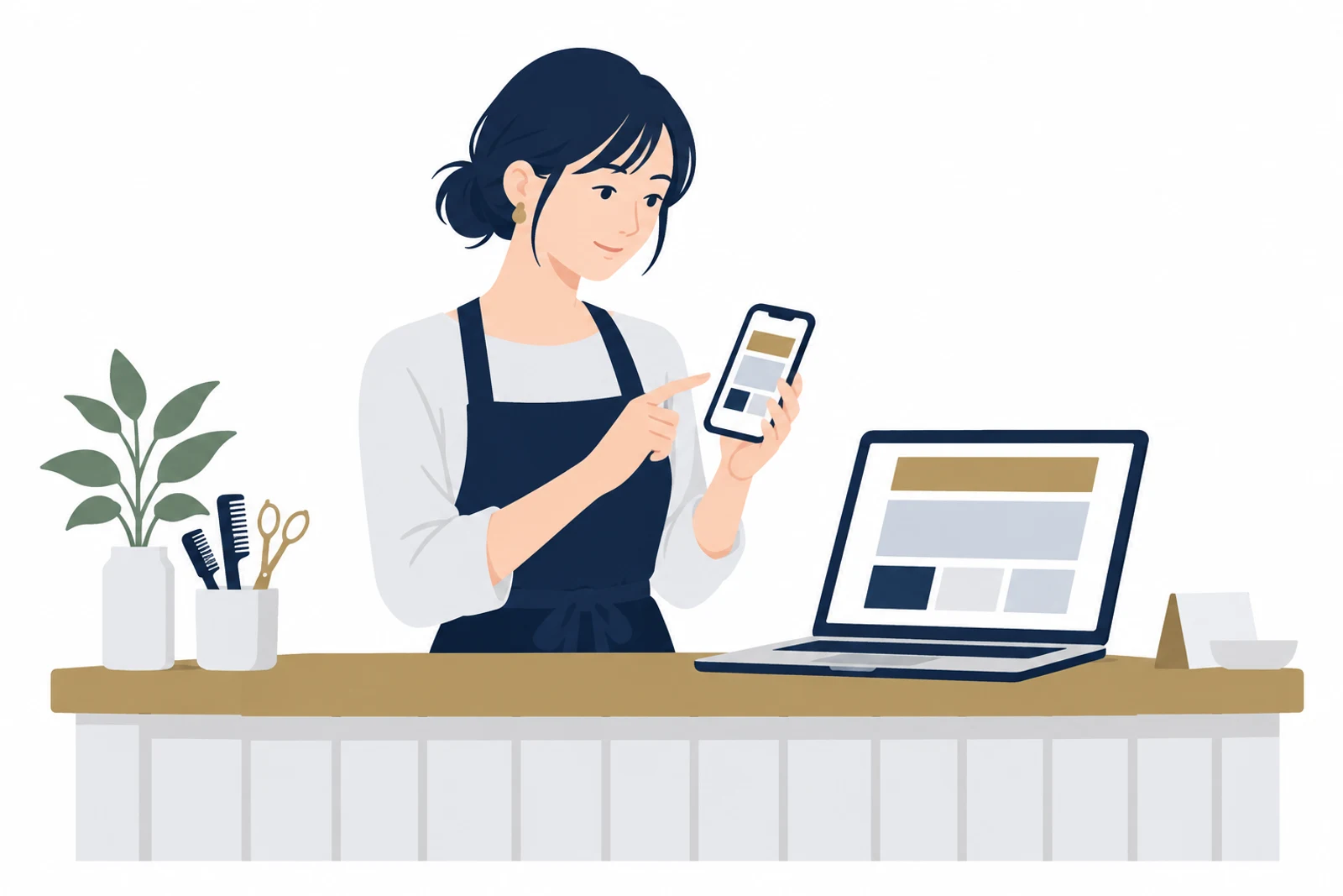 安く作ったホームページがスマホで読みやすいかを確かめるサロンの店主のイラスト
