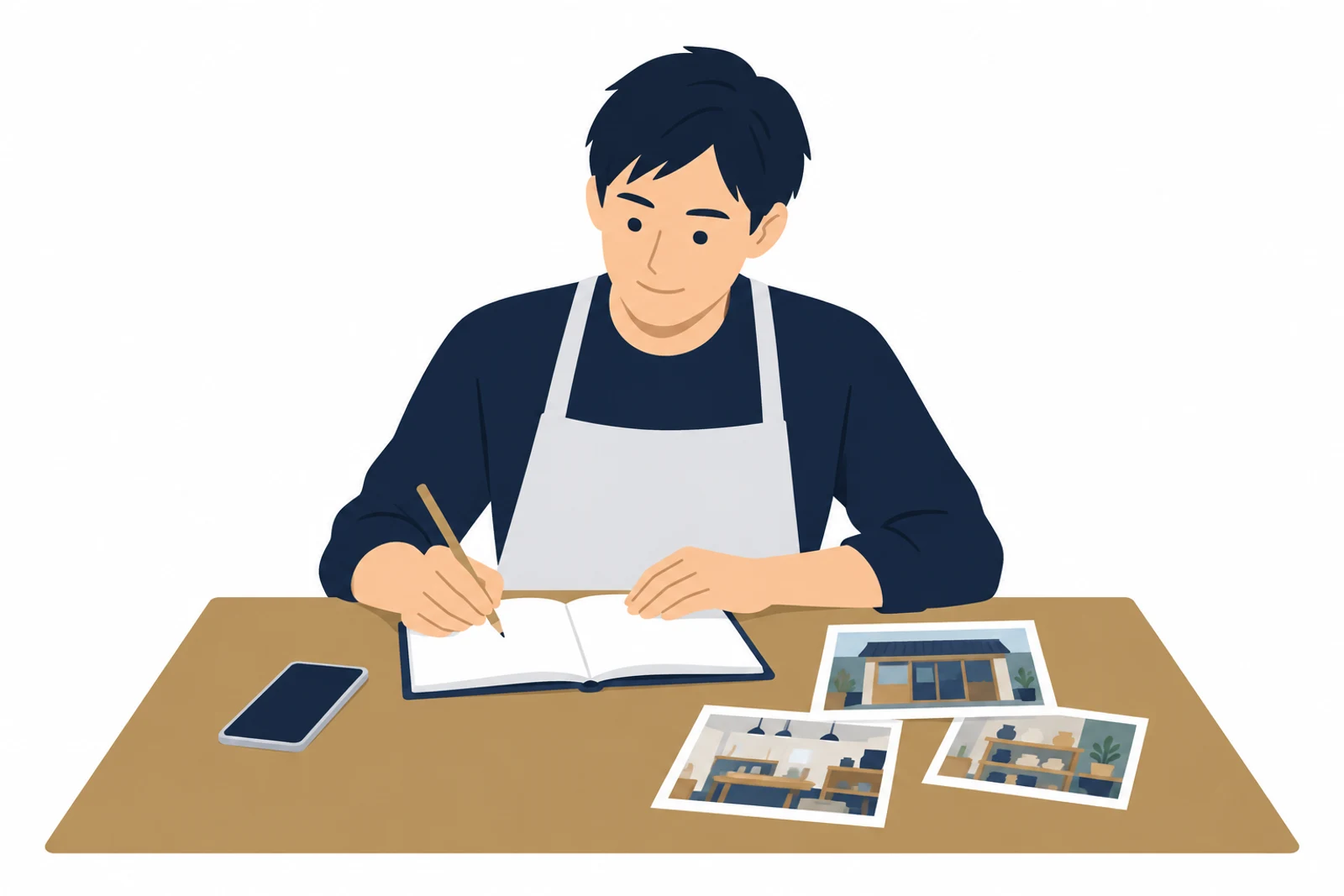 ホームページを安く作る前に、載せる情報と自分で用意できるものをノートに書き出す男性のイラスト