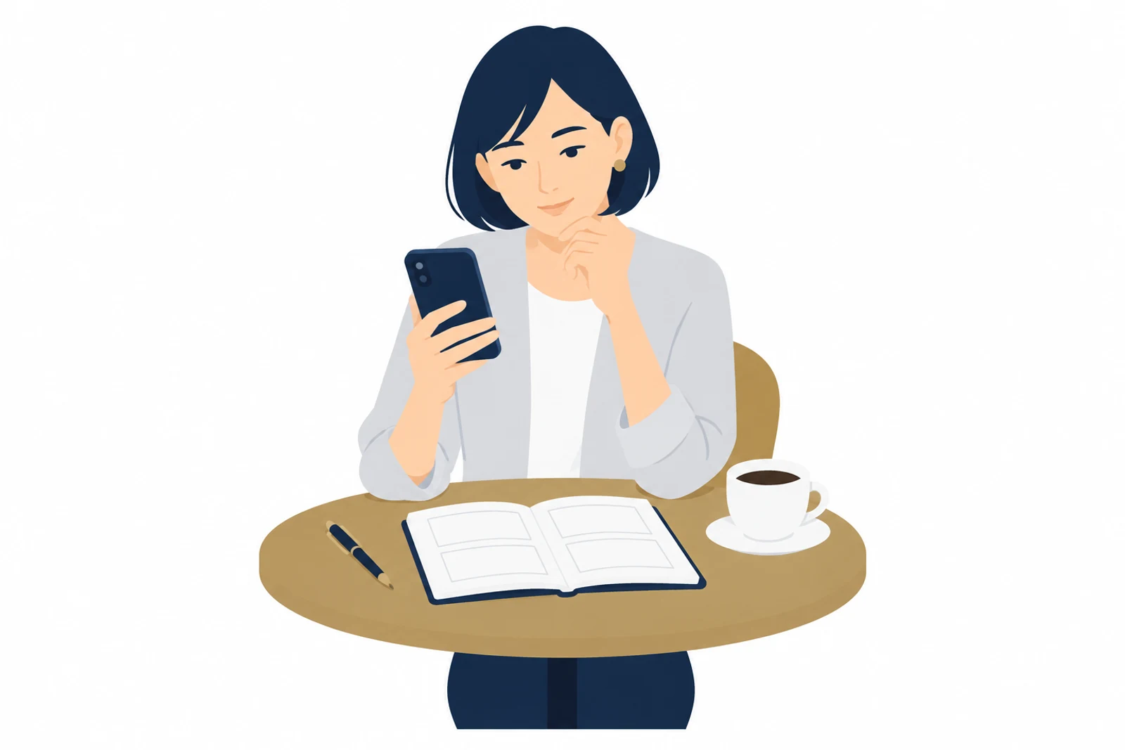 個人事業主がホームページはいらないかどうかを、スマホを見ながら考えているイラスト