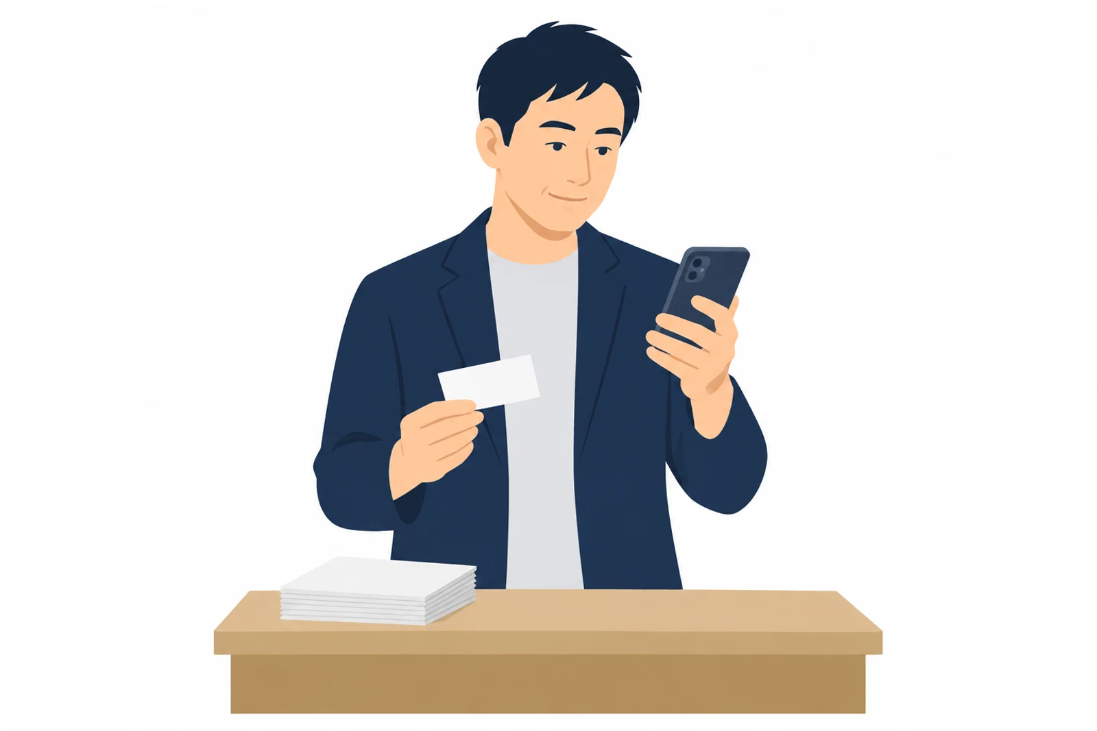 名刺を見ながらスマホで名前を検索する男性のイラスト。ホームページの必要性を感じやすい場面