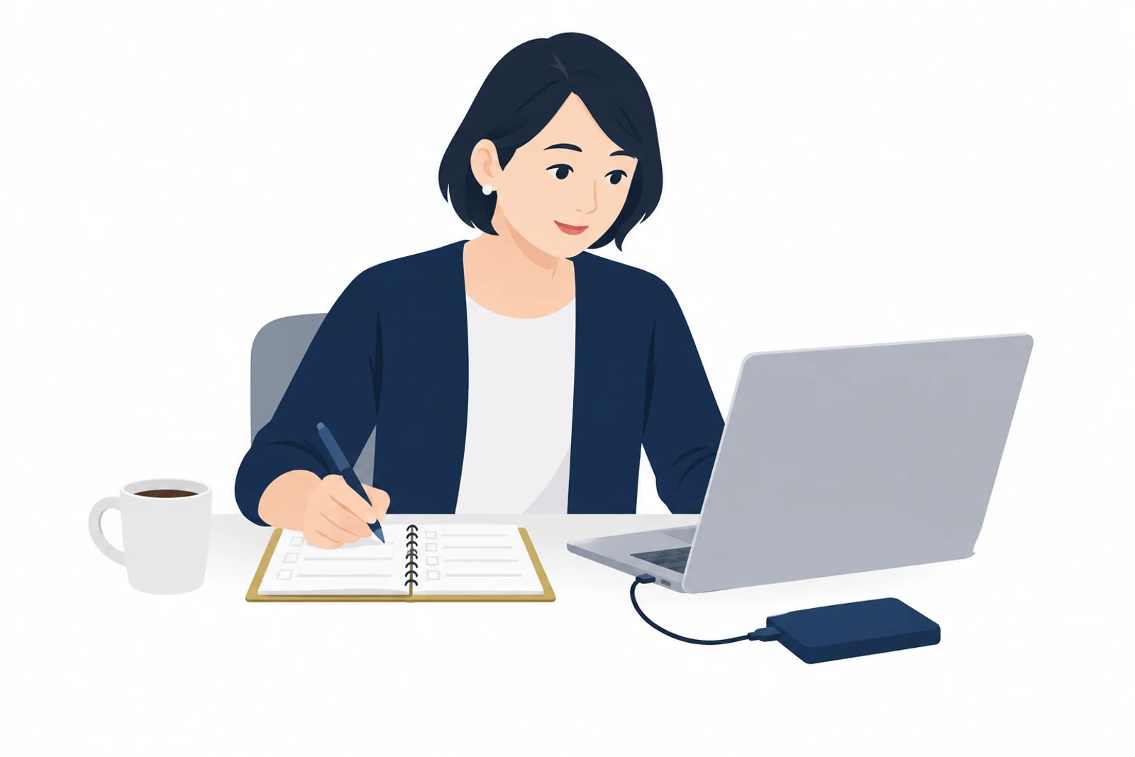 制作会社と連絡取れないサイトの更新に備え、バックアップを取りながら作業の順番をノートに書き出す女性のイラスト