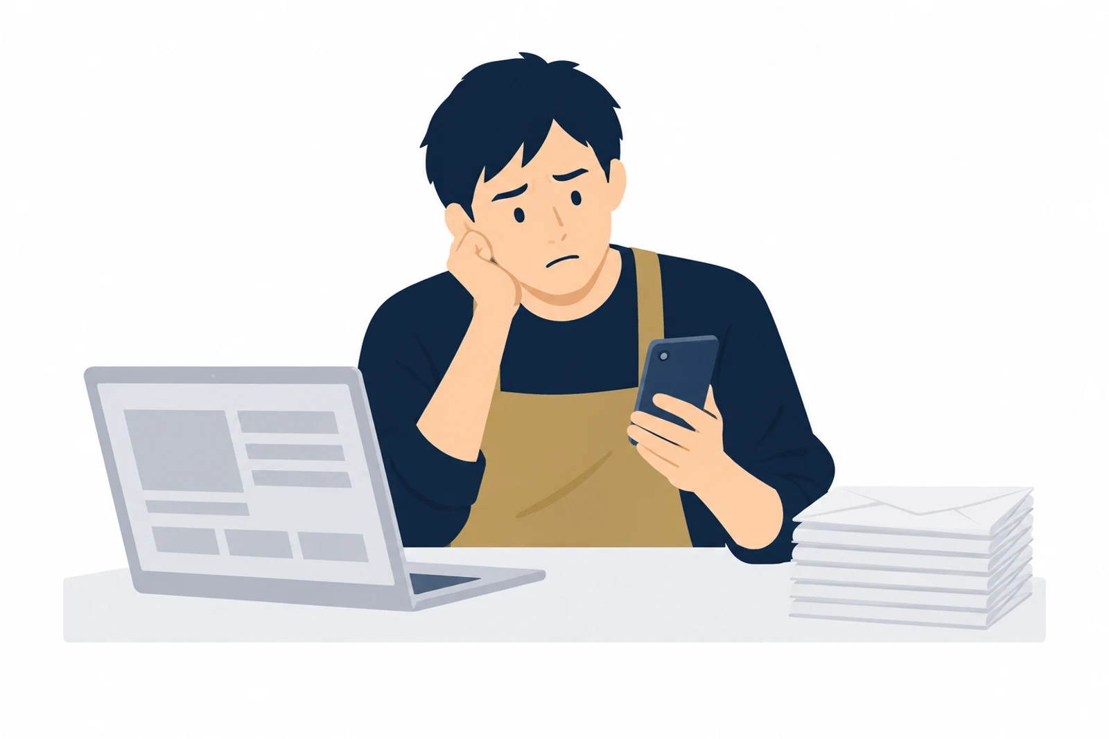 ホームページの制作会社と連絡取れないまま、更新できずにノートパソコンの前で困っているパン屋の店主のイラスト