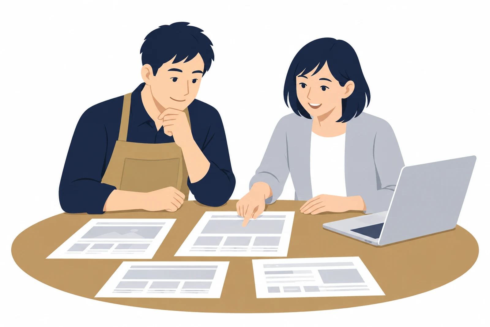 集客できないホームページの直す場所を、印刷したページを並べて制作者と相談する事業者のイラスト