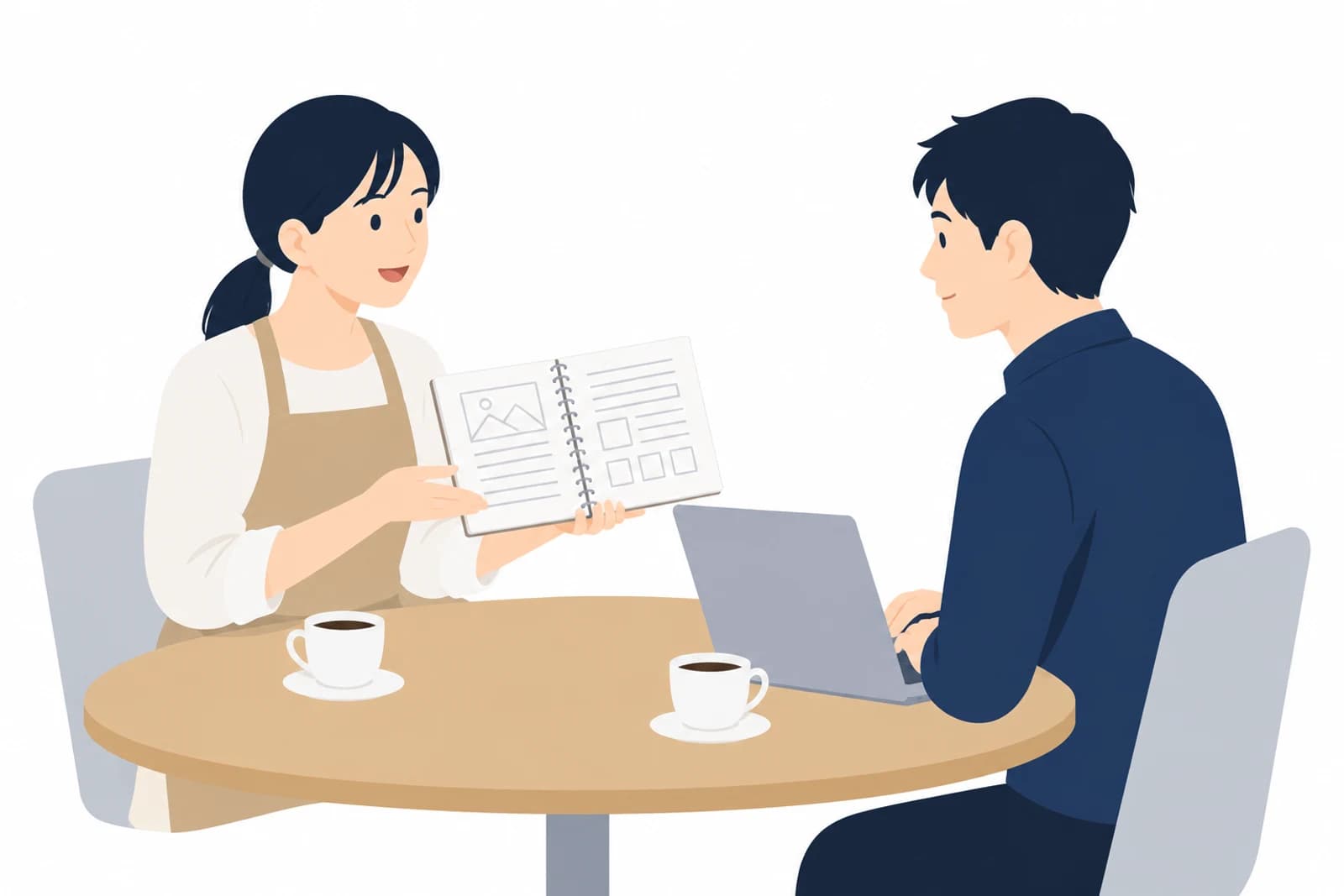ホームページ制作の最初の相談で、目的と条件を制作担当者に伝える店主のイラスト