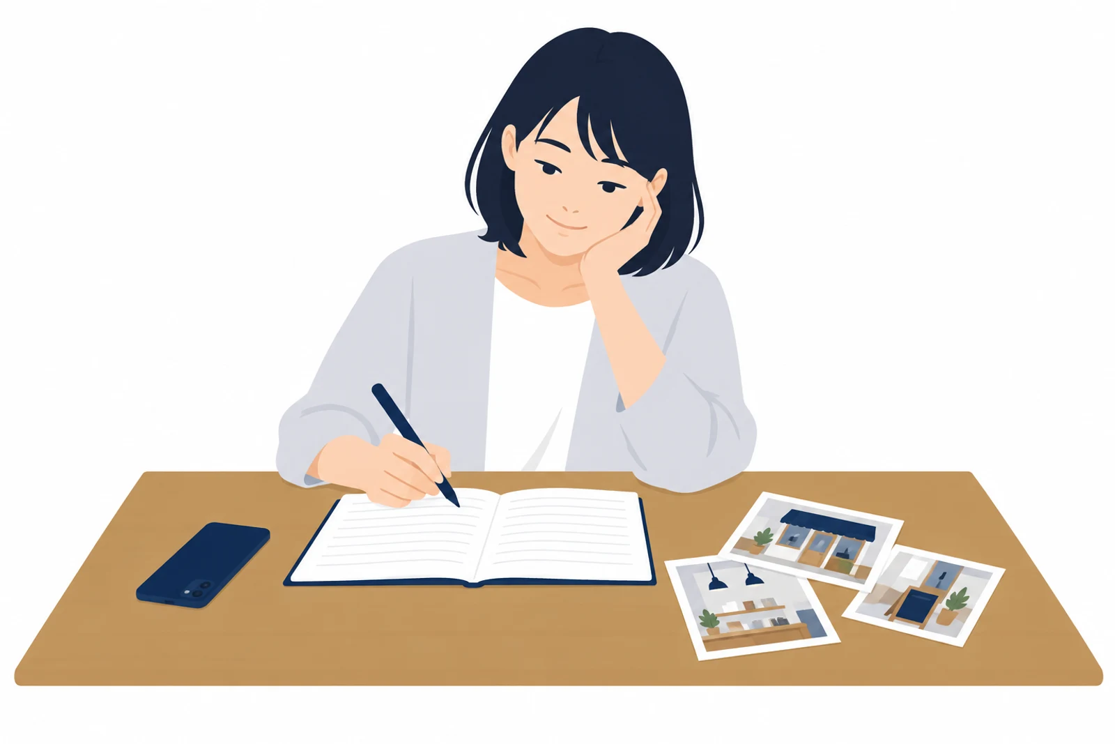 ホームページ制作を頼む前に、伝えたいことを書き出して準備する女性のイラスト