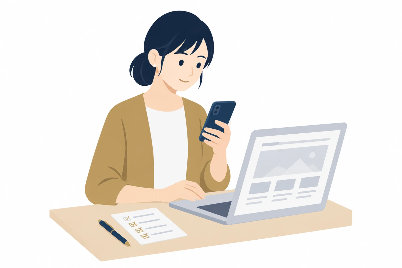ホームページリニューアルの公開前に、スマホとパソコンで表示とフォームを確かめる女性のイラスト