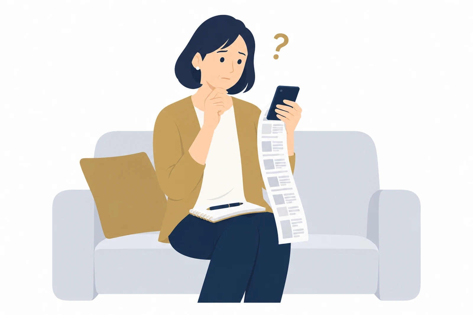 構成が分かりにくいホームページをスマホで見て、首をかしげる女性のイラスト