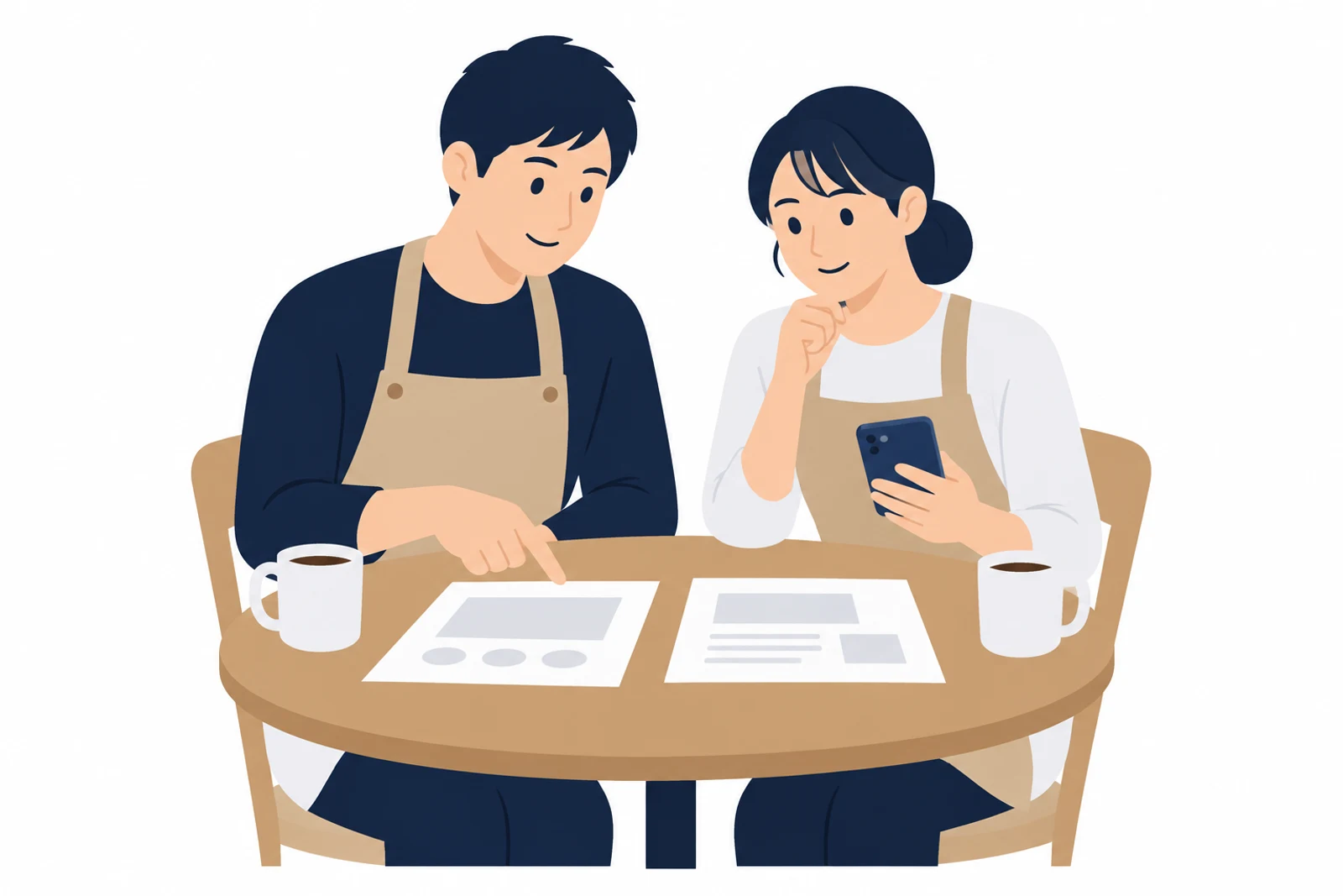 ホームページの補助金を使わずに始める場合の料金プランを見比べる夫婦のイラスト