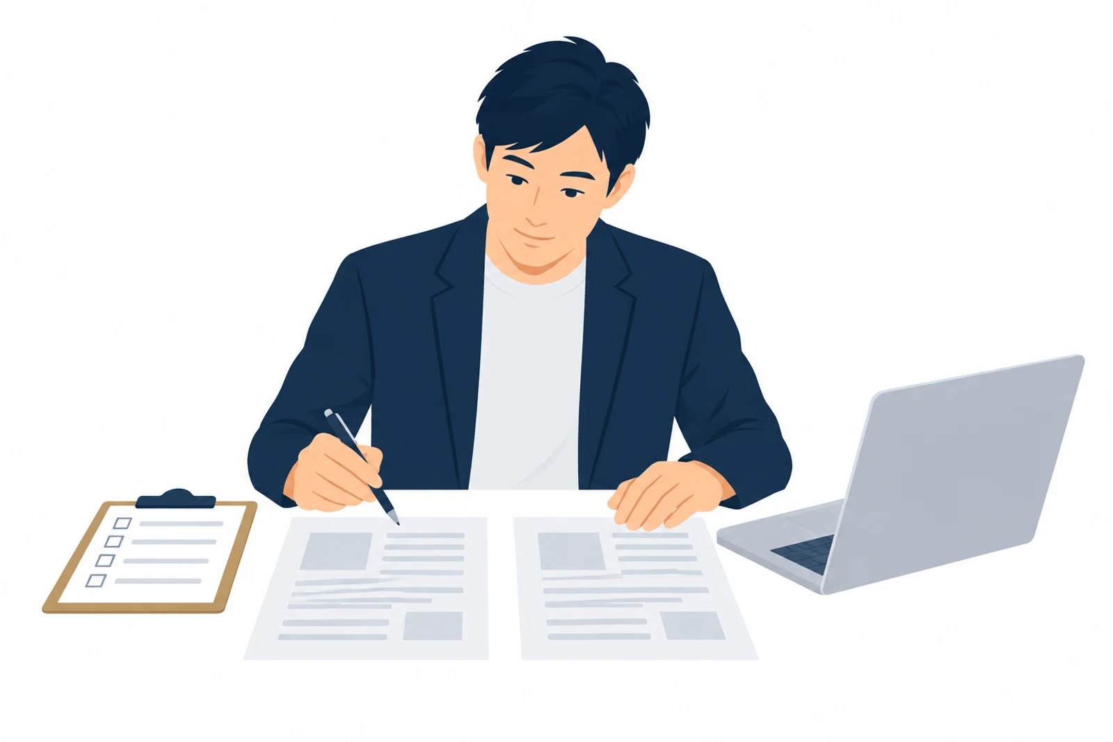 請求書の自動化で作った書類と手作業の書類を並べ、ペンで照らし合わせて確かめる男性のイラスト
