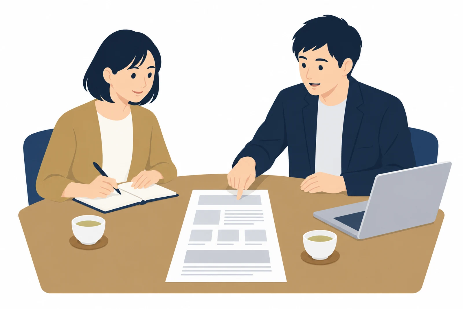 LP制作の見積もりの中身を、打ち合わせで制作者に確かめる女性のイラスト