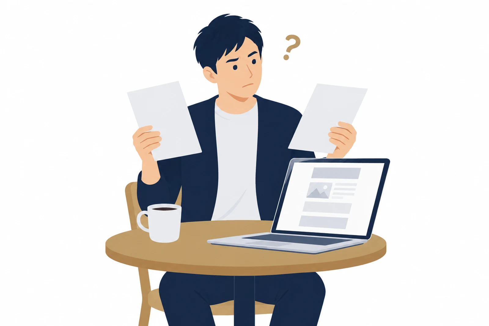 LP制作の費用相場を知りたくて、金額の違う2枚の見積書を見比べる男性のイラスト