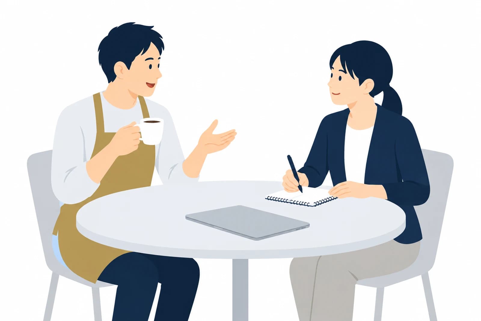 LPデザインに入る前に、誰に何を伝えるかを店主とデザイナーが打ち合わせで話し合うイラスト