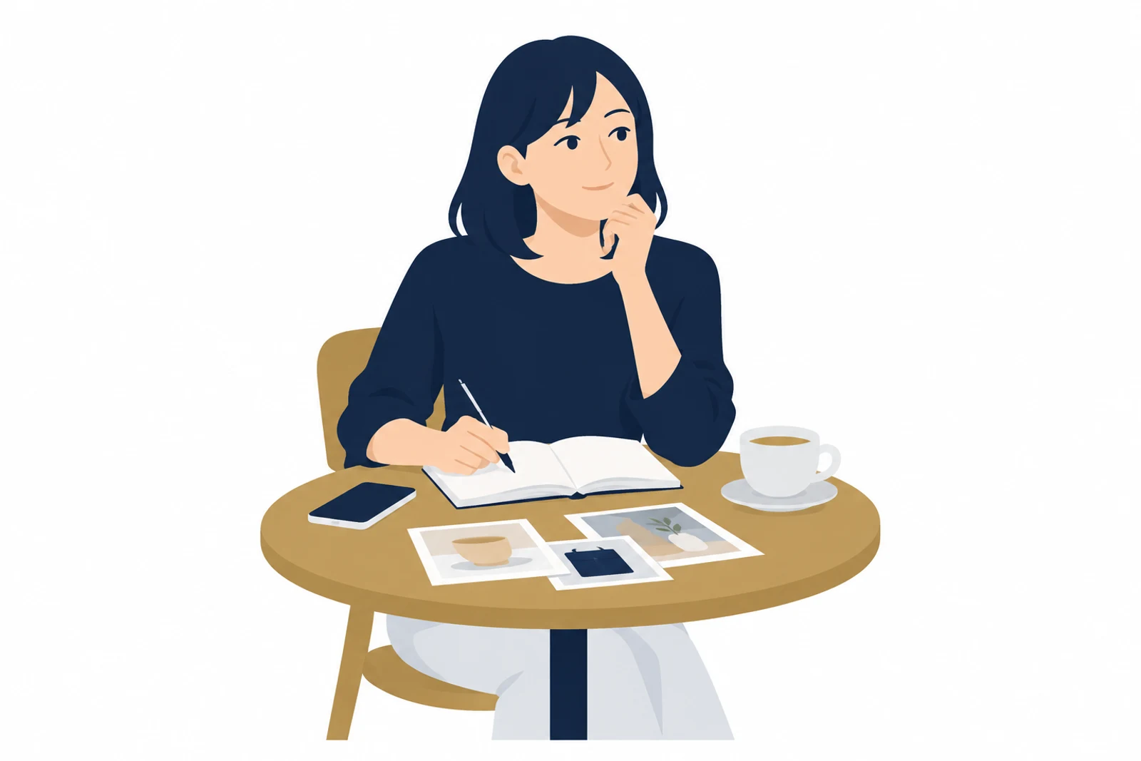 LP制作の流れに入る前に、目的とお客さんの質問をノートに書き出す女性のイラスト