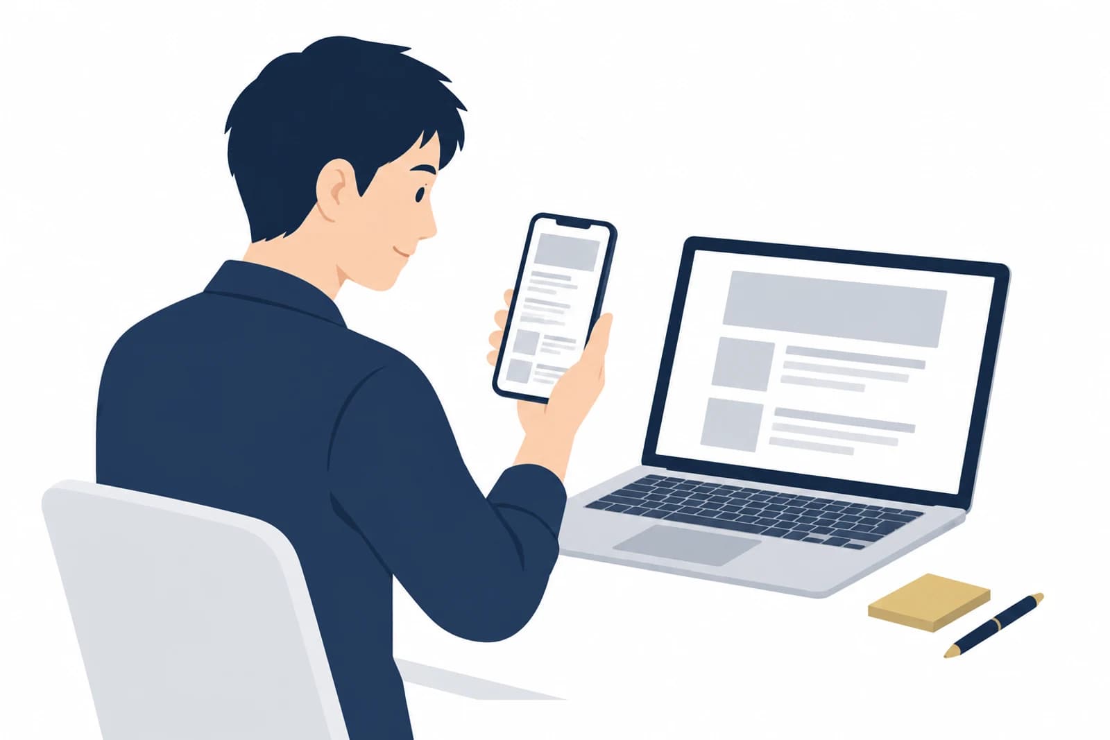 LP制作の流れの公開前の確認で、スマホとパソコンの表示を見比べる男性のイラスト
