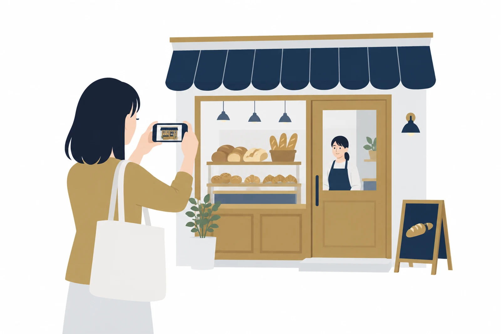 MEO対策を自分で進めるために、店の入口をスマホで撮影する店主のイラスト