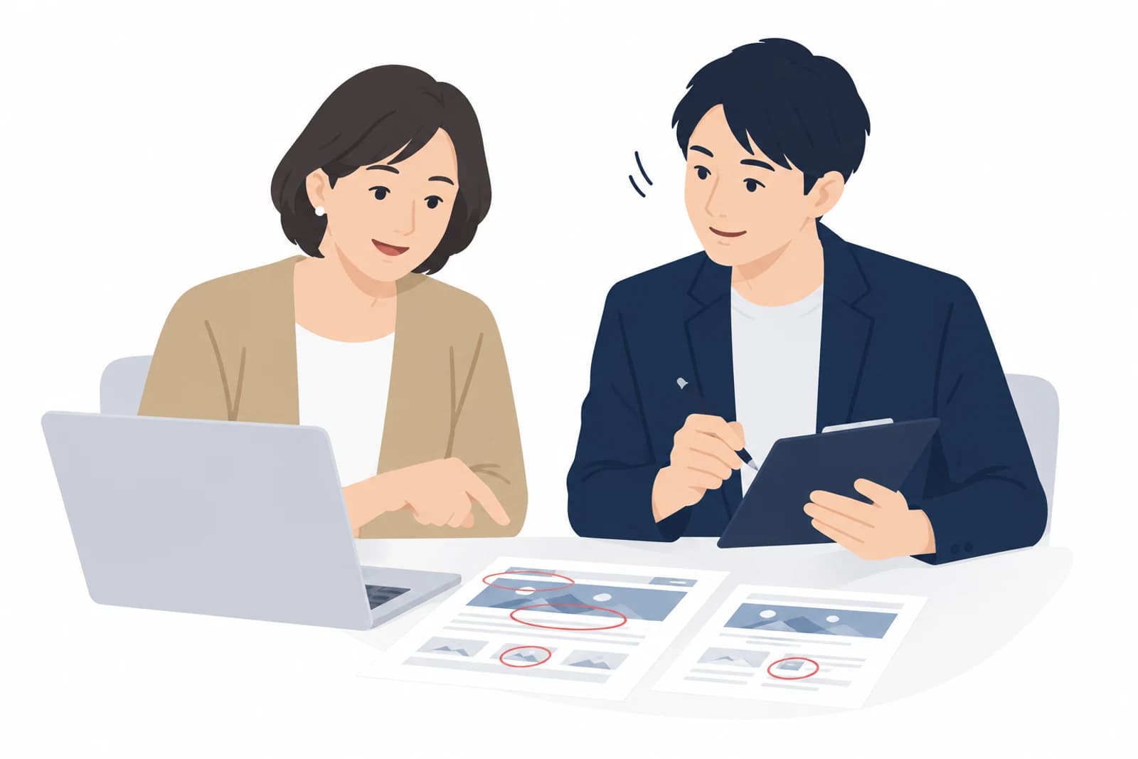 古いホームページの直したいところを、印刷した画面に丸をつけて制作担当者に相談するイラスト