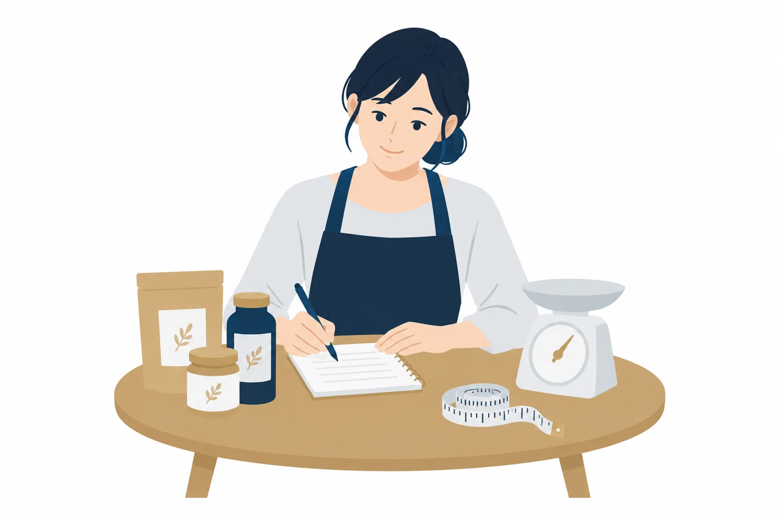 ネットショップを始める前に、売る商品と送り方を紙に書き出す店主のイラスト