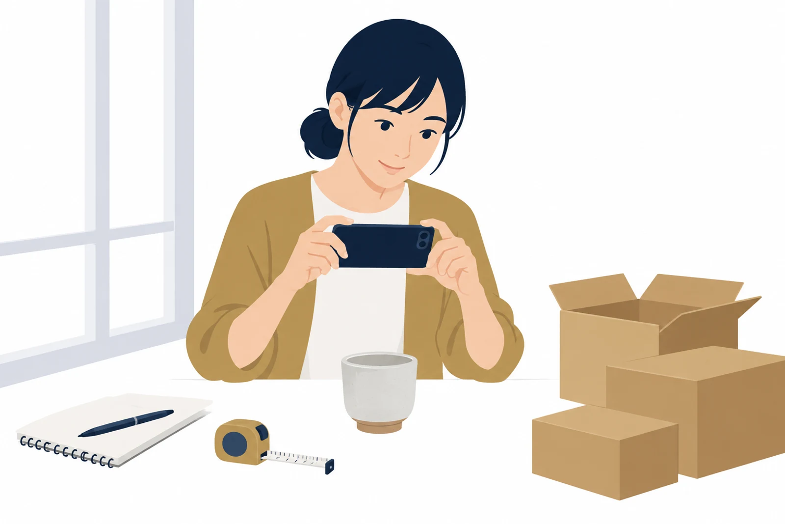 ネットショップを始める前に、商品の写真を撮り、大きさを測って準備する店主のイラスト