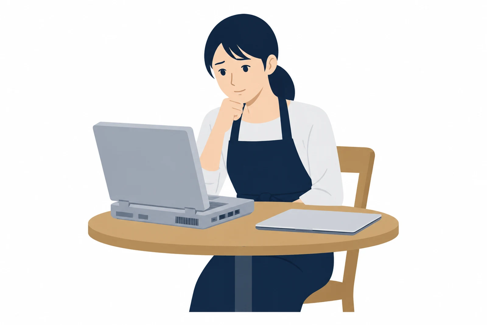 古いPHPのまま動いているサイトを、古いノートパソコンで見ながら考える店主の女性のイラスト