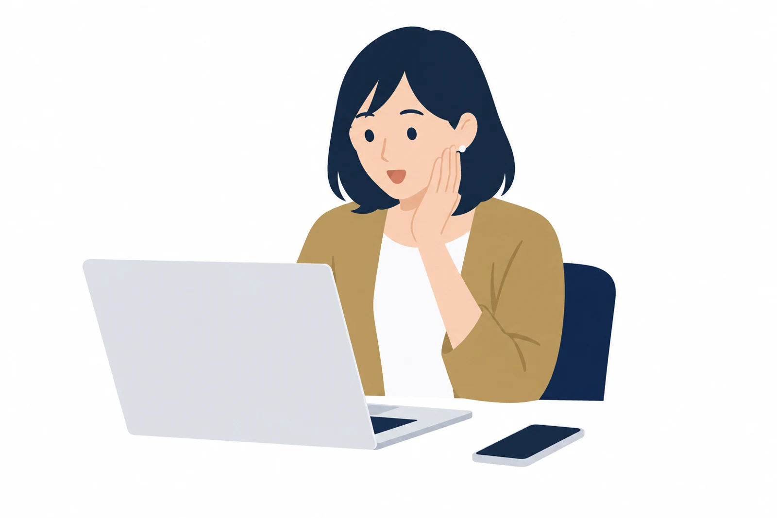 PHPを更新したあとにサイトが真っ白になり、画面を見て驚く店主の女性のイラスト