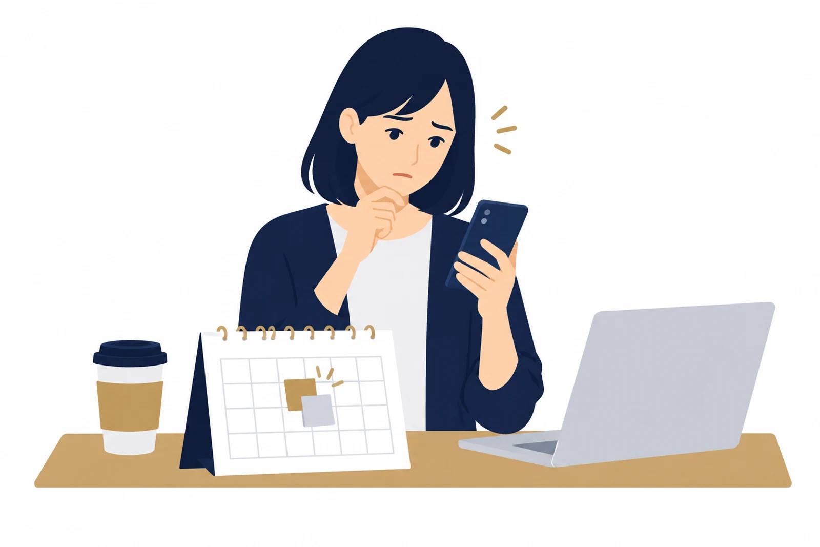 自作の予約システムで同じ時間に2件の予約が入り、困っているカフェの店主のイラスト