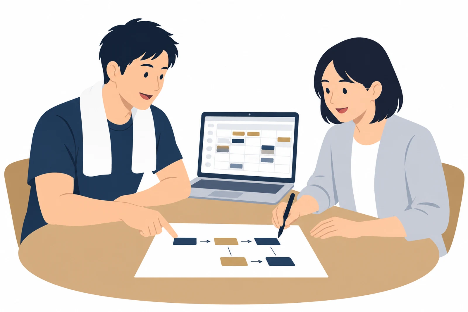 予約システムの自作をやめて、業務の流れを紙に書きながら制作者に相談する店主のイラスト