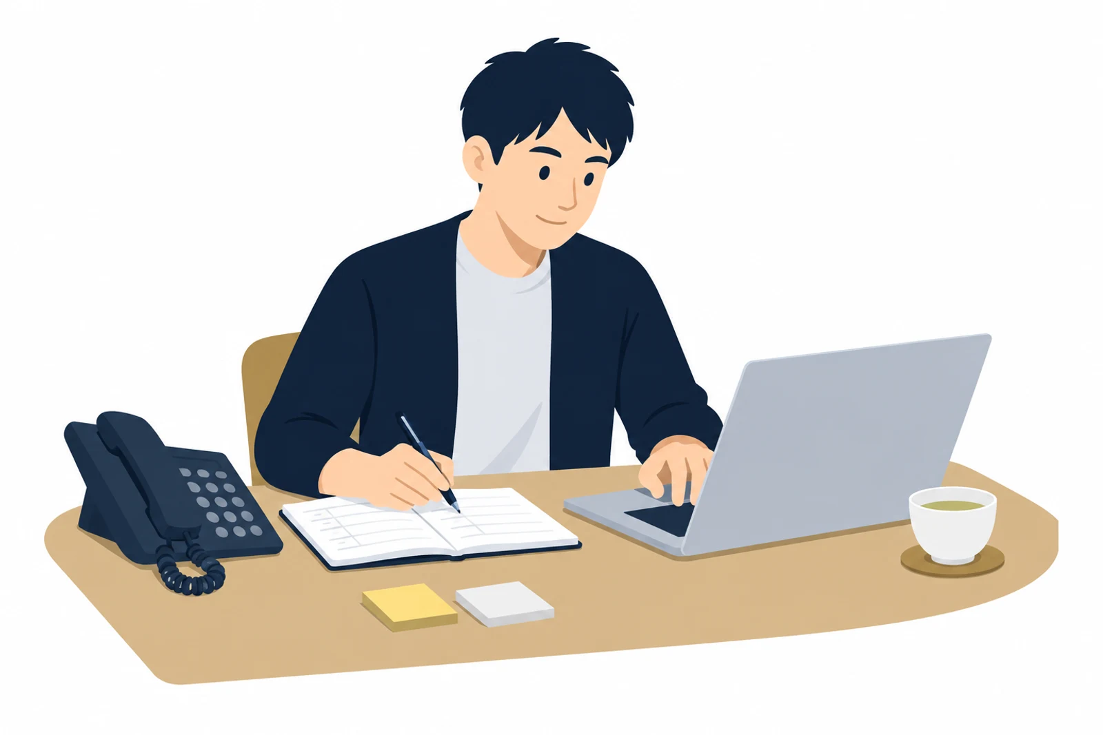 予約システムを自作する前に、紙の予約帳の内容をパソコンに移している教室の先生のイラスト