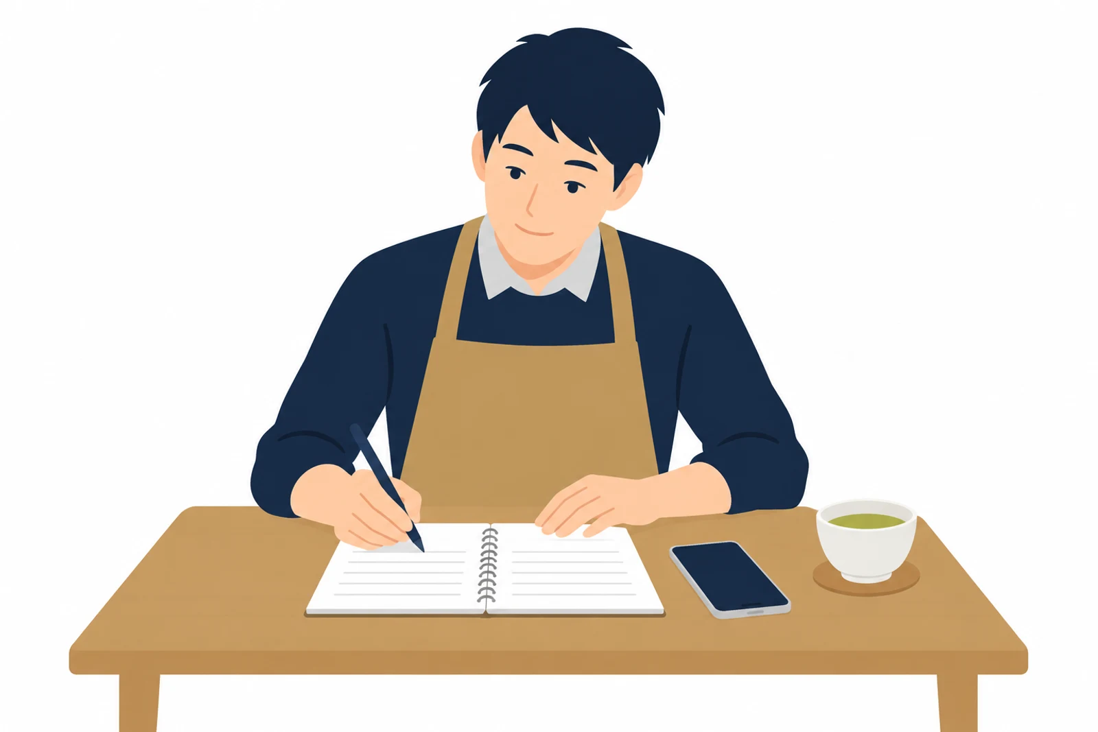 SNSとホームページのどっちに載せるかを考えながら、お客さんからの質問をノートに書き出す男性のイラスト