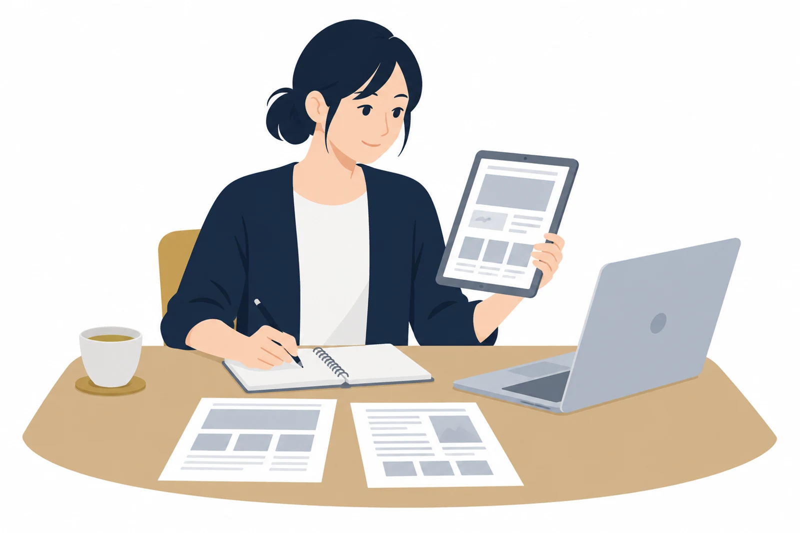 個人事業主のホームページの例をタブレットとパソコンで見比べ、メモを取る女性のイラスト