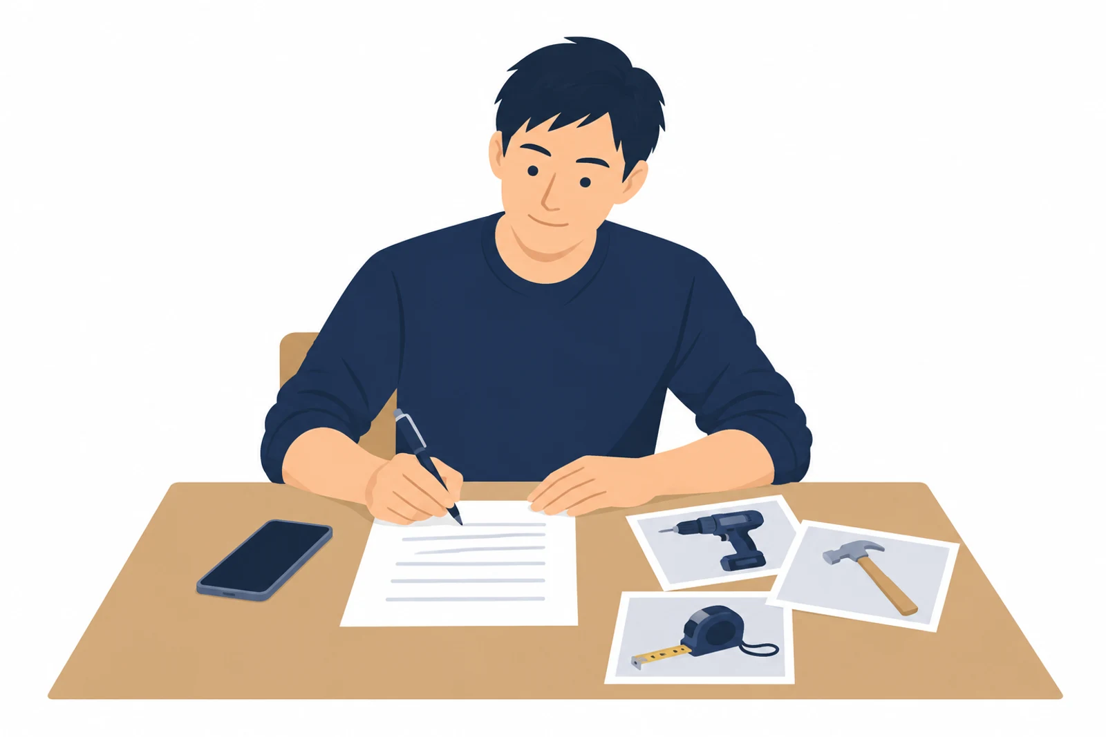 個人事業主のホームページの例を参考に、自分の仕事に当てはめて載せる項目を書き出す男性のイラスト