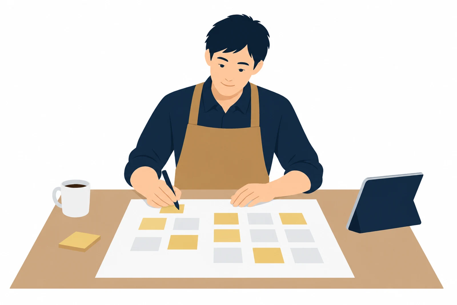 店舗DXの準備として、閉店後にお店の仕事を付箋に書き出して並べる男性のイラスト