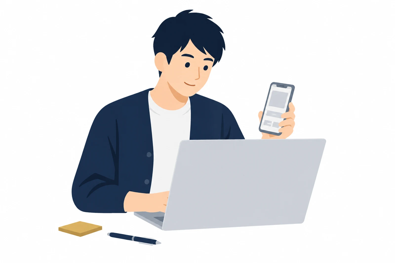 STUDIOで作ったページを、パソコンとスマホで見比べて表示の崩れを確かめる男性のイラスト