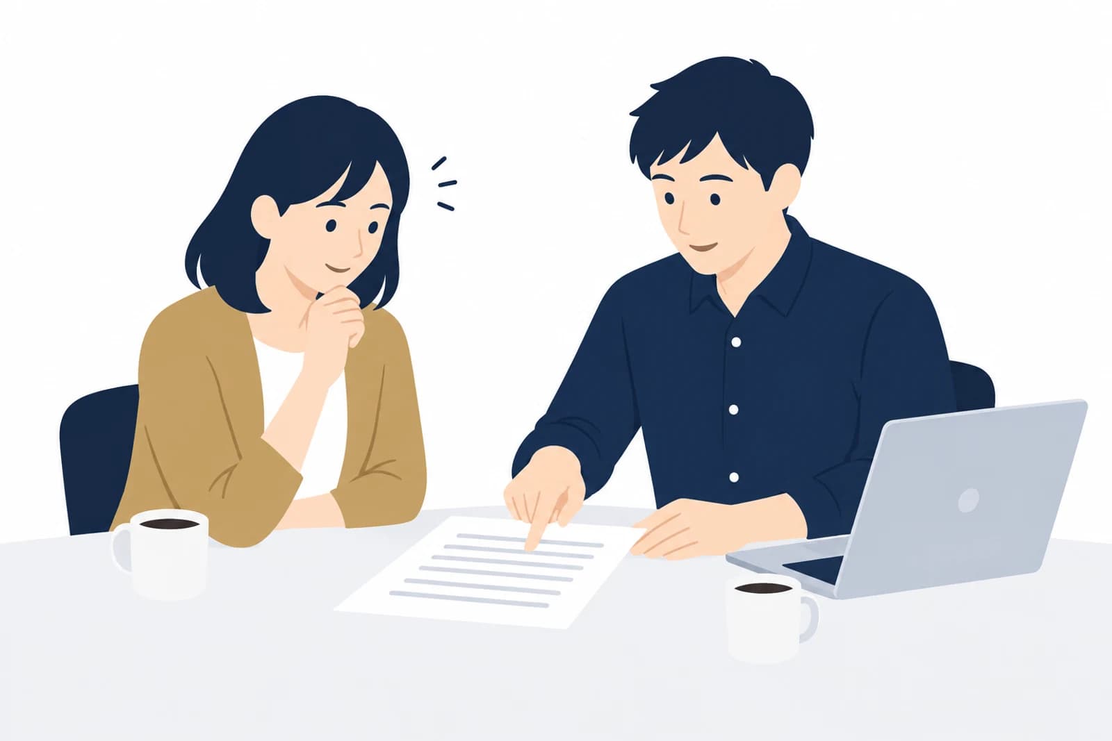 Webシステム開発の費用と作る範囲を、書面で確かめ合う依頼者と開発者のイラスト