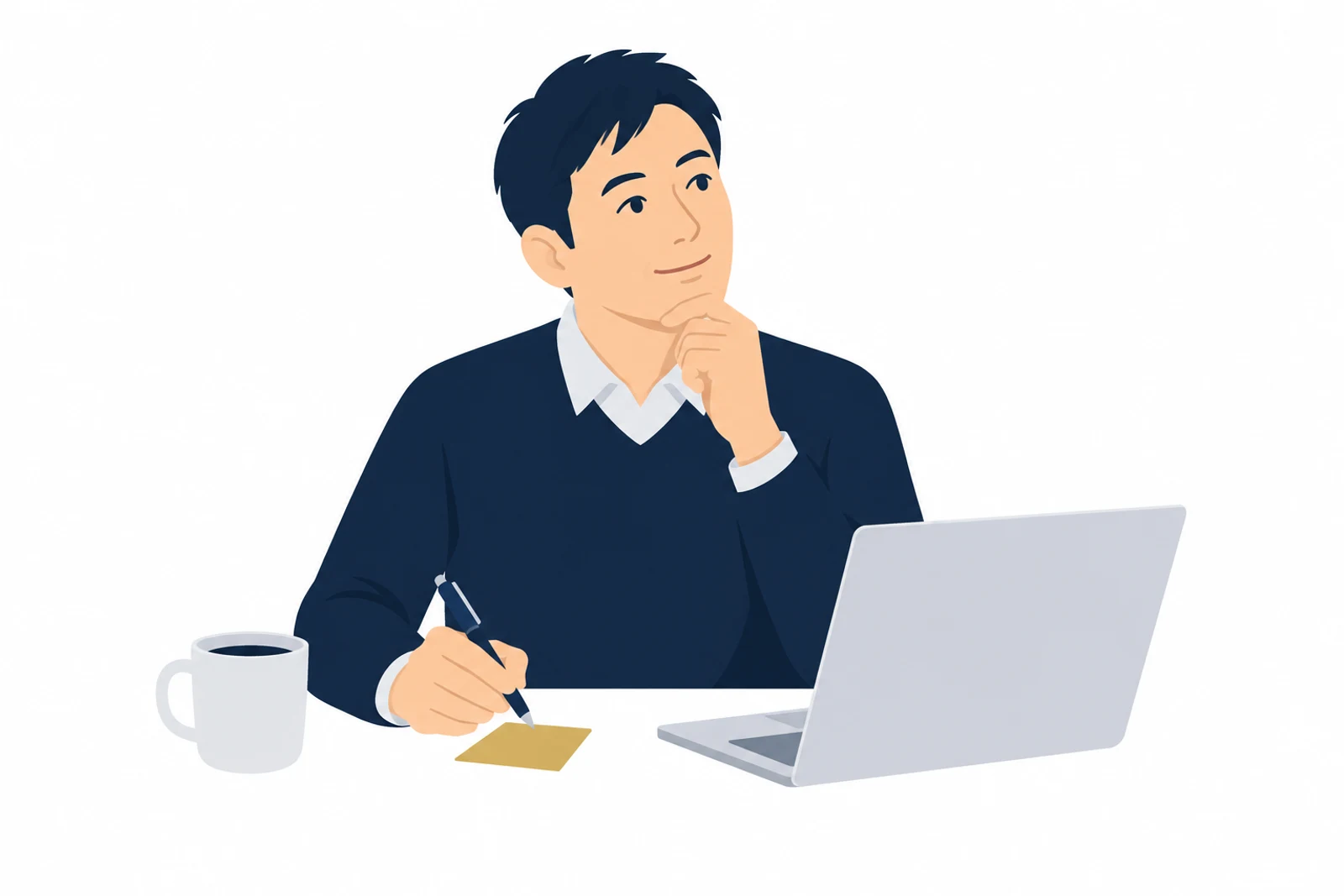 WordPressのエラーの原因を探すために、直前に行った更新を思い出している男性のイラスト