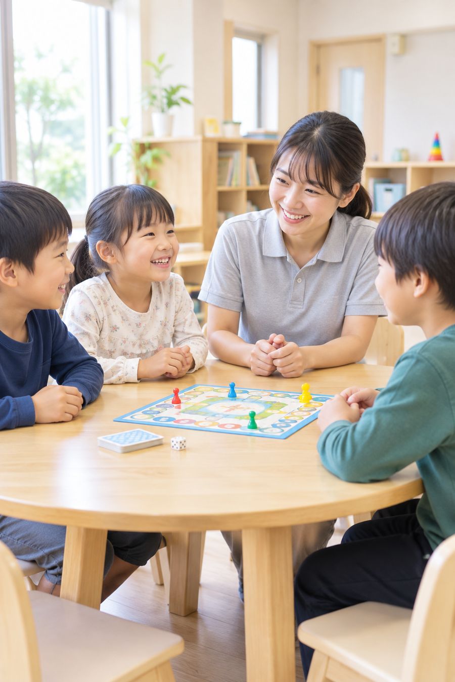 小学生とスタッフがボードゲームをする様子