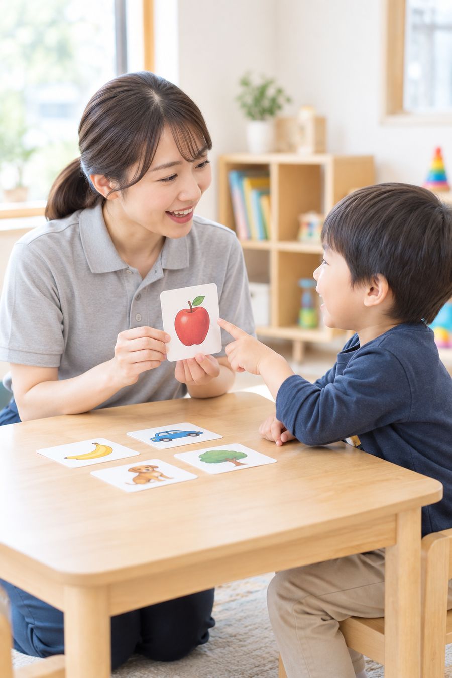 言語聴覚士が絵カードで男の子と話す様子