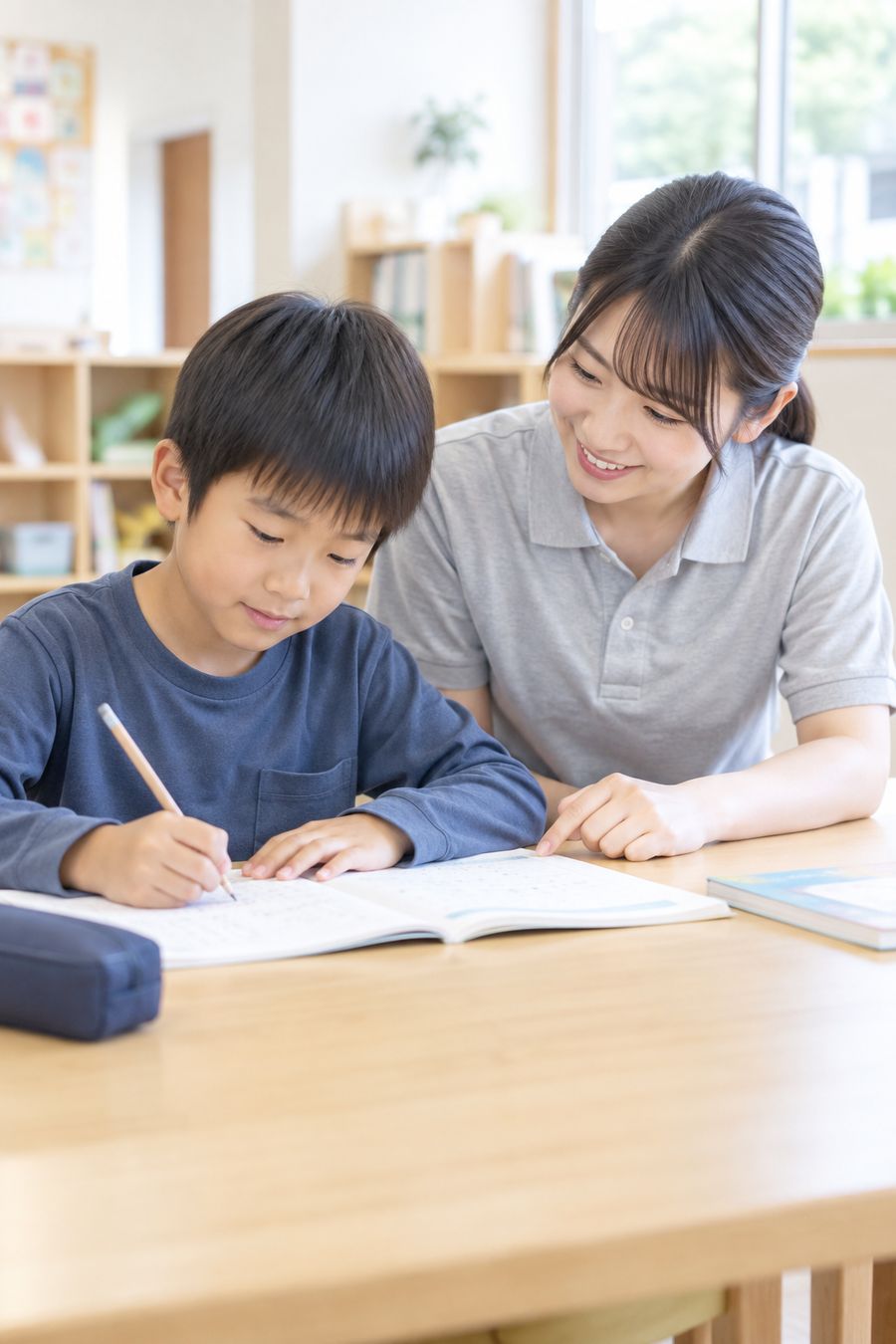 宿題をする男の子とスタッフ